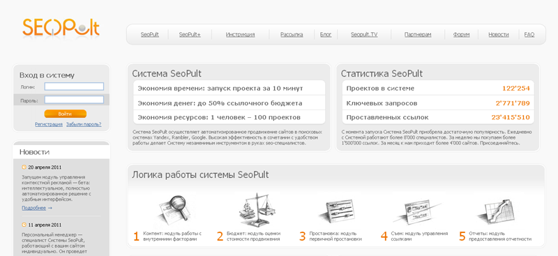 Рис. 1 -Система автоматического продвижения сайтов ссылками Seopult.