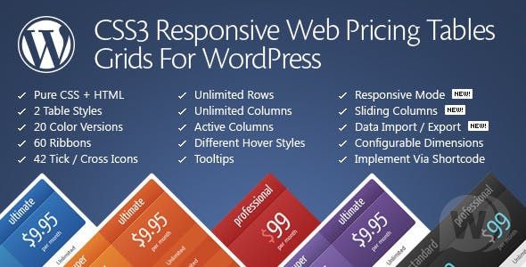 CSS3 Responsive WordPress Compare Pricing Tables v11.0 - таблицы цен WordPress