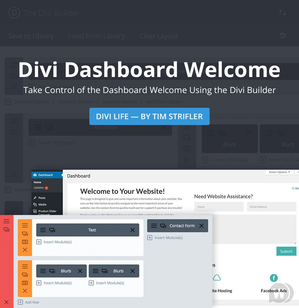 Divi Dashboard Welcome v1.2 - экран приветствия Divi WordPress